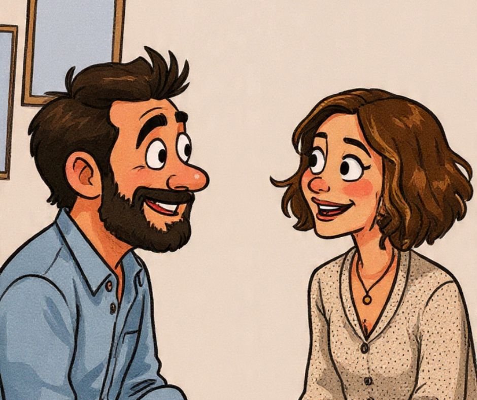 Una pareja de hombre y mujer se ven fijamente los dos están sonrojados, se ven enamorados el viste una camisa de color azul y ella una de color café, están haciendo una dinámica de terapia de pareja.