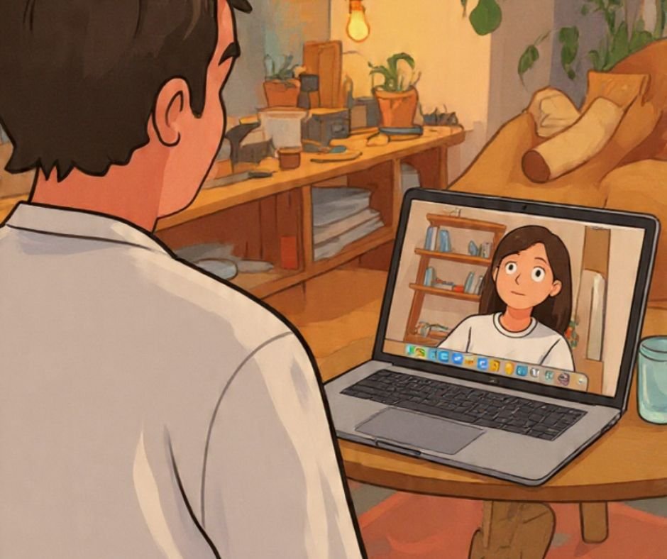 Una sesión de terapia en línea caricaturizada con un hombre vestido de manera casual y afeitado, sentado frente a una MacBook Air, en una habitación acogedora y de bienestar, mientras tiene una videoconferencia con una mujer en su casa.