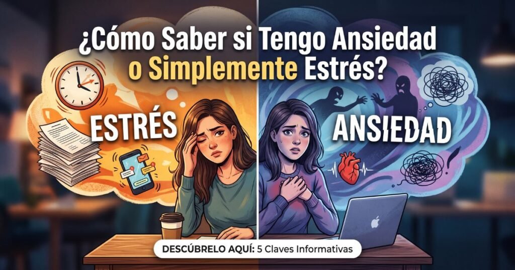 Ilustración en pantalla dividida que compara el estrés y la ansiedad para un artículo de blog. El lado izquierdo, en tonos cálidos, muestra a una mujer abrumada por elementos externos como relojes y papelería. El lado derecho, en tonos fríos, refleja la ansiedad con símbolos de un corazón latiendo y sombras oscuras. En la parte superior se lee la pregunta principal: "¿Cómo Saber si Tengo Ansiedad o Simplemente Estrés?".